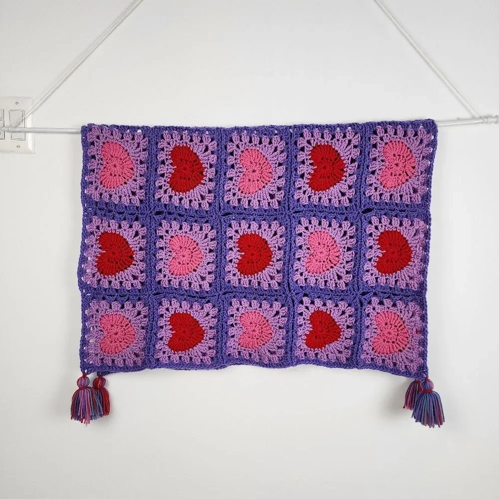 New Handmade Crochet Heart Granny Square Lap Blanket Tassels Purple Pink Red